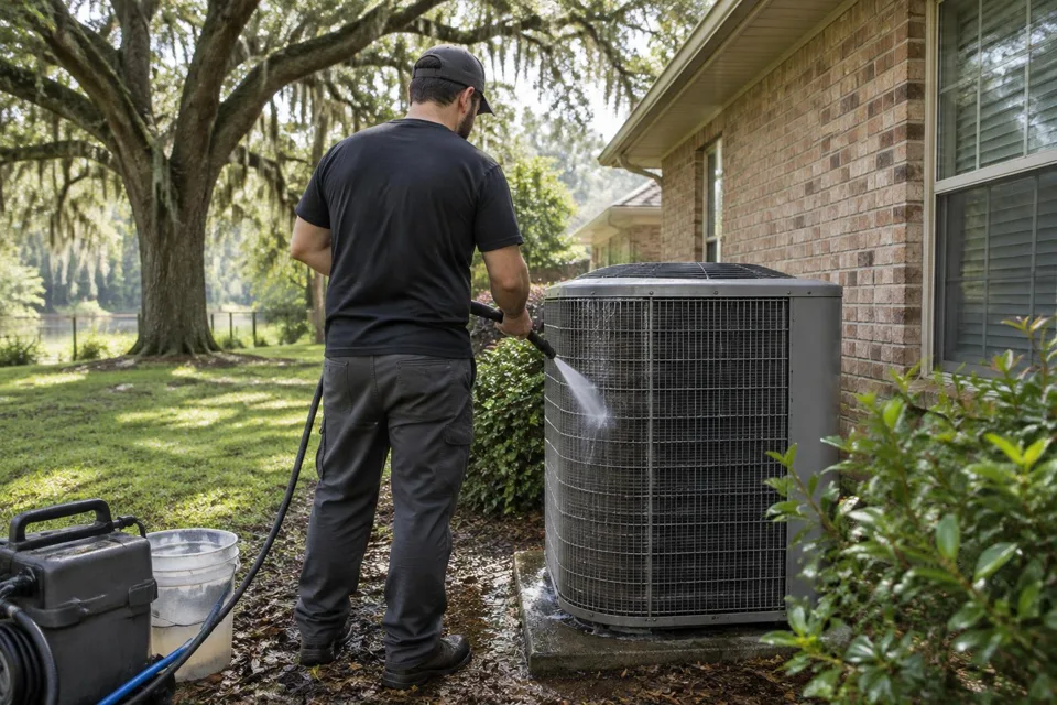 Generated illustration of a technician cleaning outdoor AC condenser coils in Baton Rouge, Louisiana