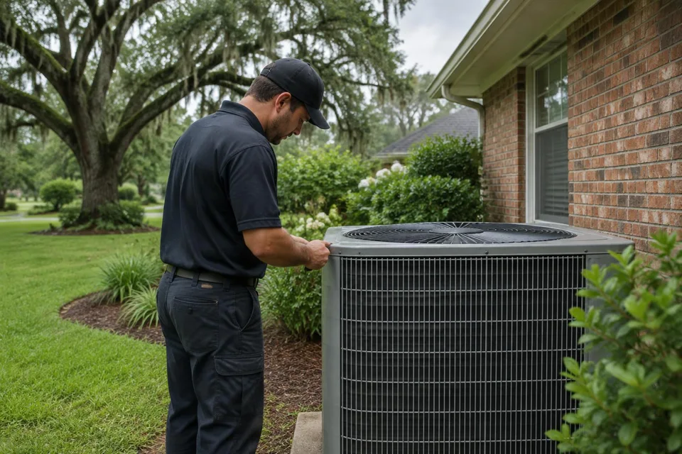 Generated illustration of a technician checking an outdoor AC condenser in Baton Rouge, Louisiana