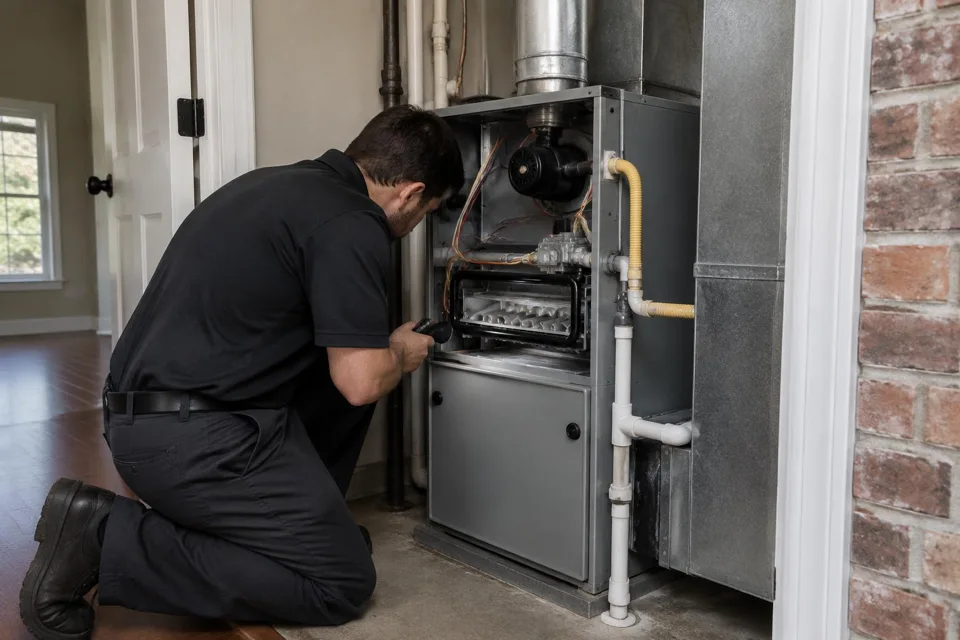 Generated illustration of a technician inspecting a gas furnace in a utility closet in Baton Rouge, Louisiana