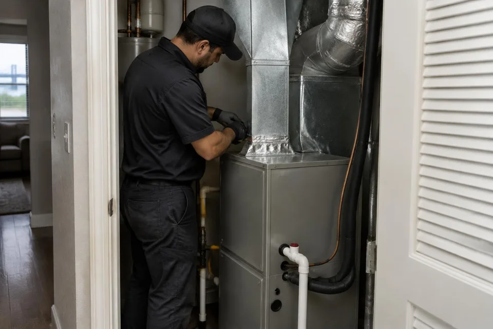 Generated illustration of a technician connecting a gas furnace in a utility closet in Baton Rouge, Louisiana