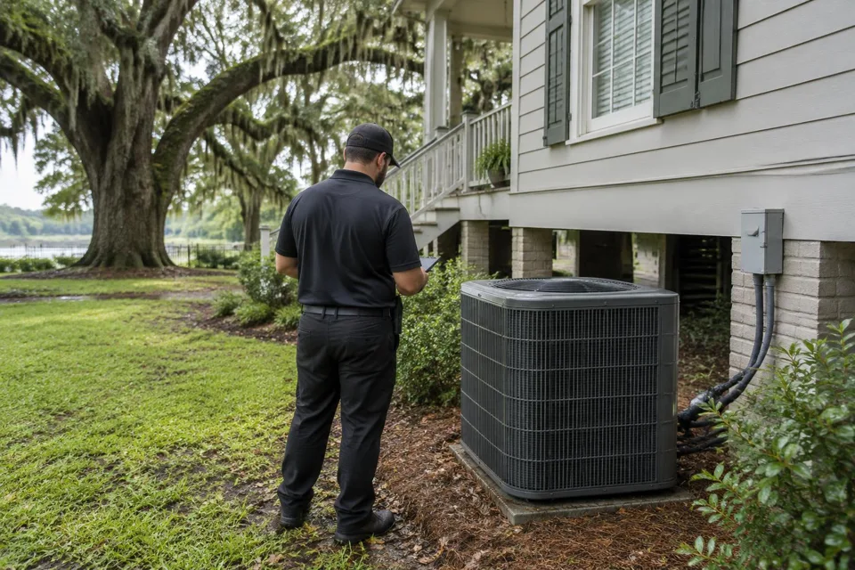 Generated illustration of a technician assessing an outdoor AC condenser beside a raised home in Baton Rouge, Louisiana